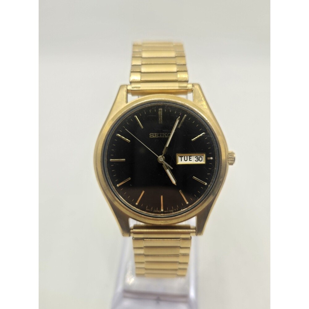 Seiko Men's Vintage Day/Date Gold Tone Quartz Watch 7N43-9048. New Band + Batt.